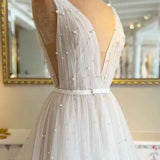 A Line Sexy V neck Pearls Elegant Wedding Dress