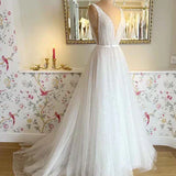 A Line Sexy V neck Pearls Elegant Wedding Dress