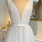 A Line Sexy V neck Pearls Elegant Wedding Dress