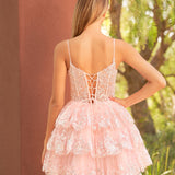 Reana | A-Line Pink Sequins Tiered V-Neck Short Homecoming Dress