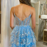 A- Line Sky Blue Sequins Multi-Layers Short Homecoming Dress