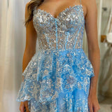 A- Line Sky Blue Sequins Multi-Layers Short Homecoming Dress