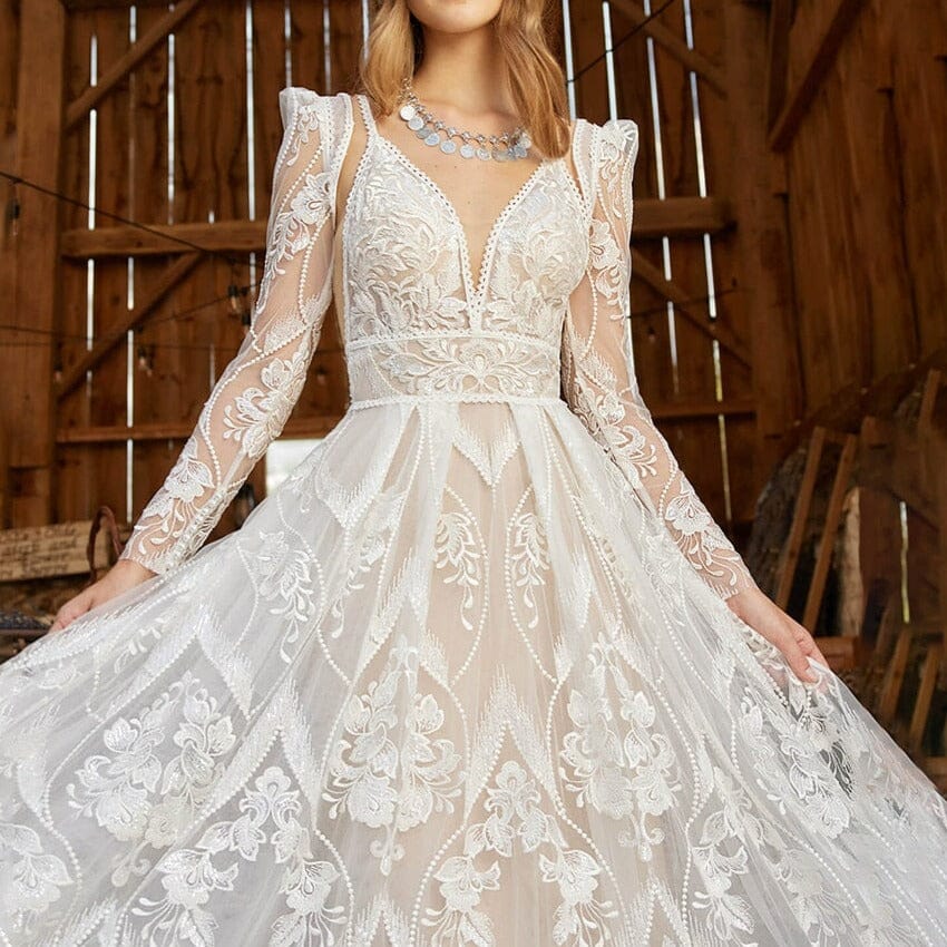 A-Line Spaghetti Straps Bohemian Wedding Dress with Detachable Long Sleeves