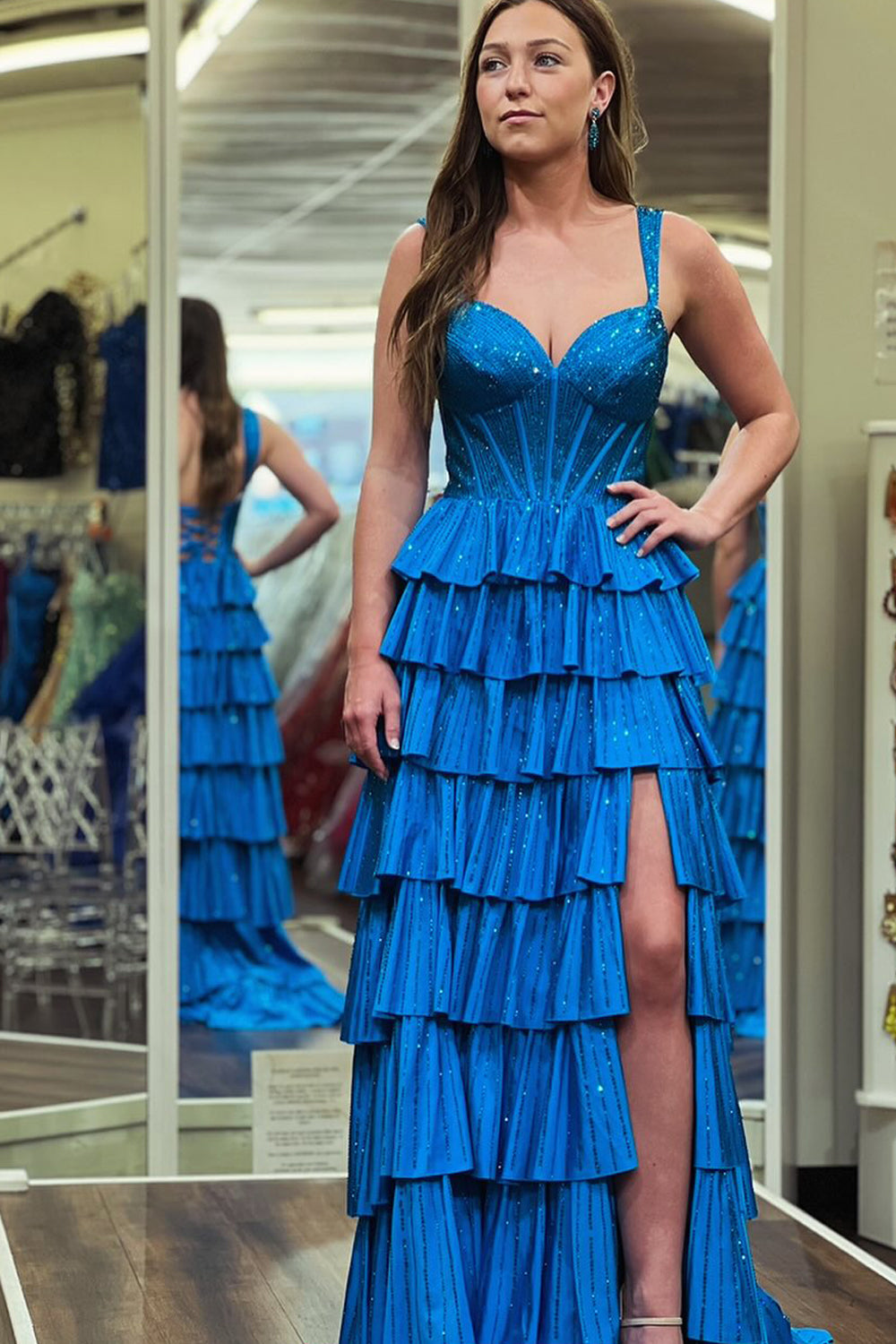 Verve | A Line V Neck Blue Satin Tiered Long Prom Dresses With Beads