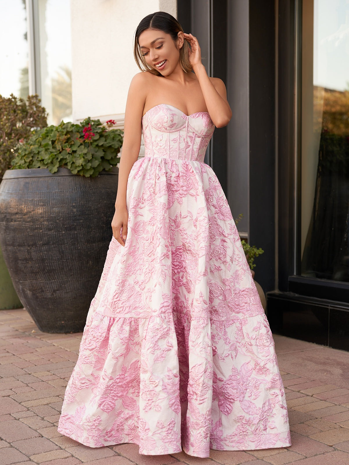 Delice | A-Line Sweetheart Floral Printed Long Prom Dresses