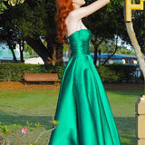 Etherea | A Line Sweetheart Green Satin Long Prom Dresses with Slit