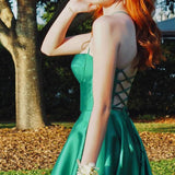 Etherea | A Line Sweetheart Green Satin Long Prom Dresses with Slit