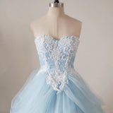 A-Line Lace Sweetheart Neck Blue Long Prom Dress