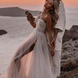 A-line Sweetheart Tulle High Split Bohemian Wedding Dress