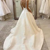 A-Line V-neck Lace Appliques Satin Wedding Dress Bridal Gowns