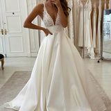 A-Line V-neck Lace Appliques Satin Wedding Dress Bridal Gowns