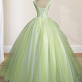 A-Line V Neck Tulle Sage Green Long Prom Quinceanera Dresses