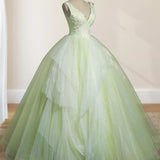 A-Line V Neck Tulle Sage Green Long Prom Quinceanera Dresses