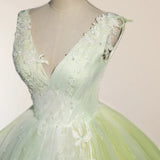 A-Line V Neck Tulle Sage Green Long Prom Quinceanera Dresses