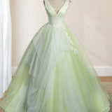 A-Line V Neck Tulle Sage Green Long Prom Quinceanera Dresses