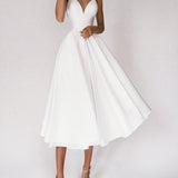 A-Line V-Neck Sleeveless Satin Knee-Length Wedding Dress