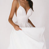 A-Line V-Neck Sleeveless Satin Knee-Length Wedding Dress