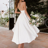 A-Line V-Neck Sleeveless Satin Knee-Length Wedding Dress