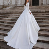 A Line White Long Sleeves Appliqued Wedding Dresses with Train