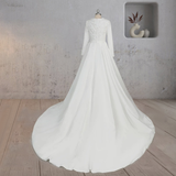 A Line White Long Sleeves Appliqued Wedding Dresses with Train