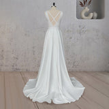 A-Line White Satin Elegant V Neck Wedding Dress