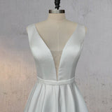 A-Line White Satin Elegant V Neck Wedding Dress