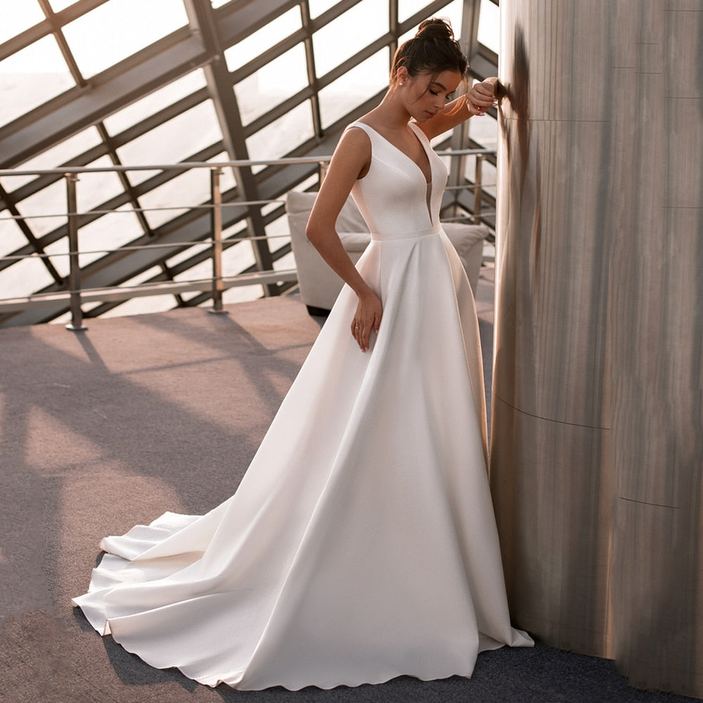 A-Line White Satin Elegant V Neck Wedding Dress