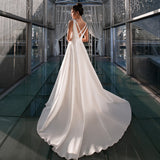 A-Line White Satin Elegant V Neck Wedding Dress