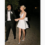 A-Line White Satin V-Neck Short Wedding Dress with Bow