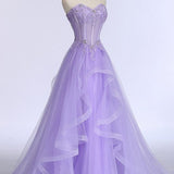 Kaitlyn | A-line Sweetheart Sleeveless Sweep Train Tulle Prom Dress With Beading Appliqued