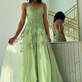 Sage Green V Neck Tulle A-Line Long Prom Dresses with Appliques