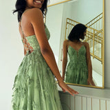 Sage Green V Neck Tulle A-Line Long Prom Dresses with Appliques