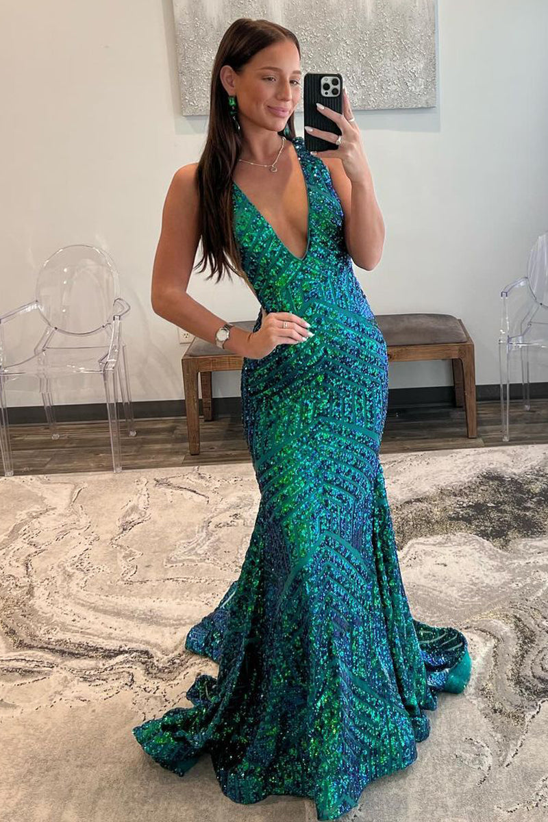 Nina | Dark Green Deep V Neck Sequins Mermaid Long Prom Dress