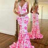 Bailey | Pink V Neck Sequin Lace Mermaid Prom Dress