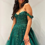 Elliana | Glitter Emerald Appliques Off-the-Shoulder A-Line Long Prom Dress