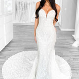 Mermaid Strapless White Lace Wedding Dresses