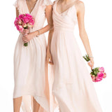 High-Low Cap Sleeve Ruched V-Neck Chiffon Convertible Bridesmaid Dress