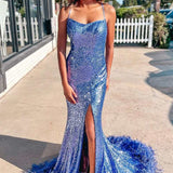 Annie | Blue Sequin Feather Lace-Up Back Mermaid Long Prom Dress with Slit