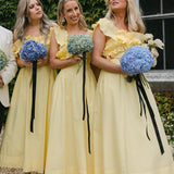 Yellow Off the Shoulder Ruffle Satin Ankle Length Bridesmaid Dresses