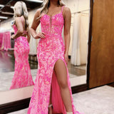 Pink Sweetheart Sequins Lace Mermaid Prom Dresses with Slit