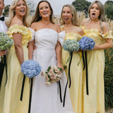 Yellow Off the Shoulder Ruffle Satin Ankle Length Bridesmaid Dresses