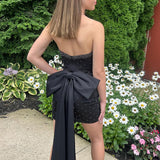 Ferris | Black Bodycon Strapless Beaded Short Homecoming Dresses with Bow