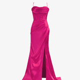 Aaliyah| Hot Pink Spaghetti Straps Satin Mermaid Prom Dress with Slit