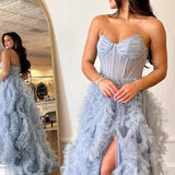 Blue Strapless Ruffle Tulle A-Line Long Prom Dresses with Slit