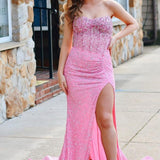 Aeliana | Pink Strapless Sequins Mermaid Long Prom Dress With Split