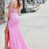 Aeliana | Pink Strapless Sequins Mermaid Long Prom Dress With Split