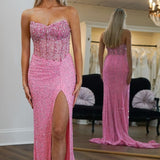 Aeliana | Pink Strapless Sequins Mermaid Long Prom Dress With Split