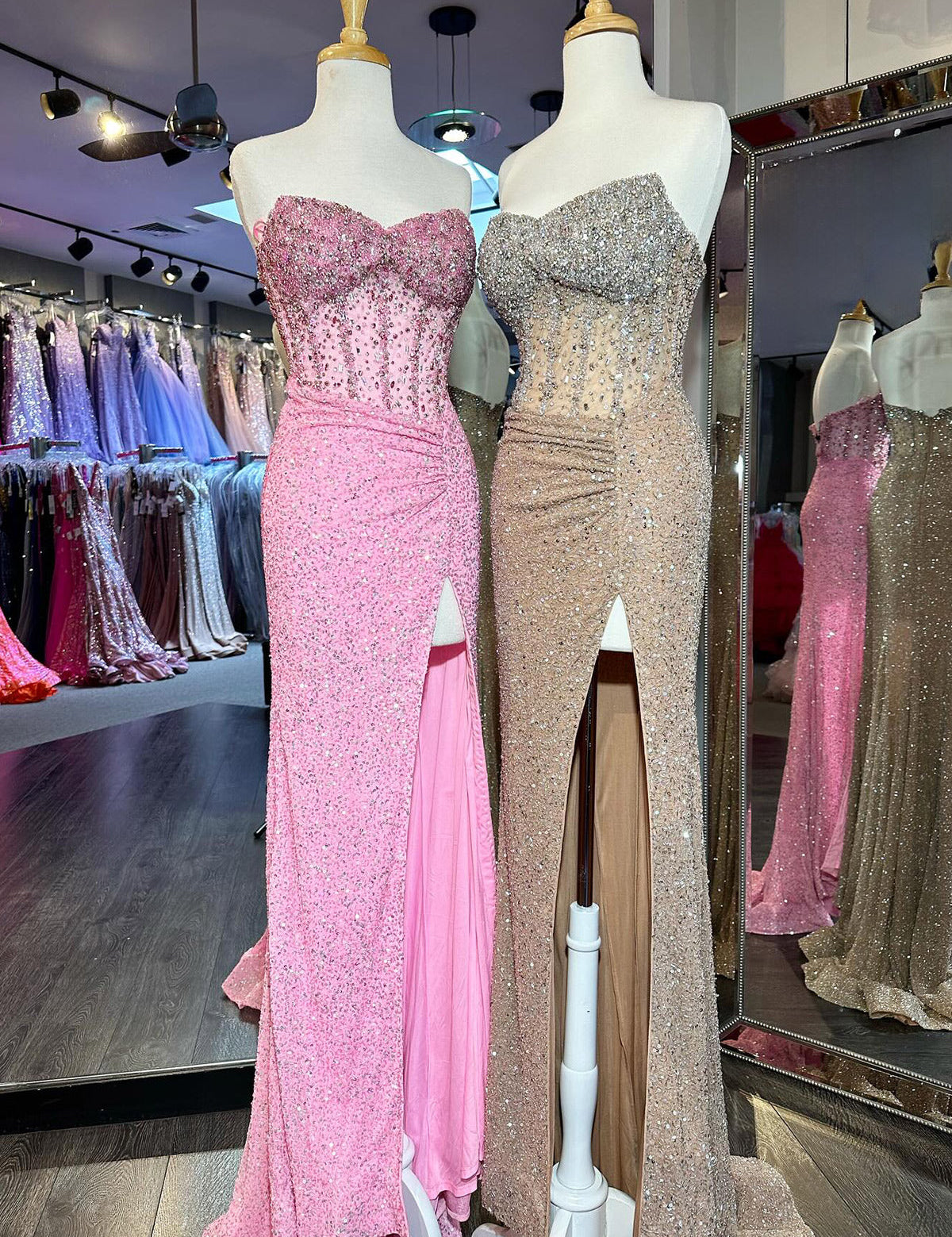 Aeliana | Pink Strapless Sequins Mermaid Long Prom Dress With Split