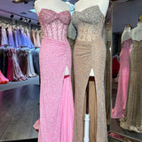 Aeliana | Pink Strapless Sequins Mermaid Long Prom Dress With Split