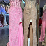 Aeliana | Pink Strapless Sequins Mermaid Long Prom Dress With Split